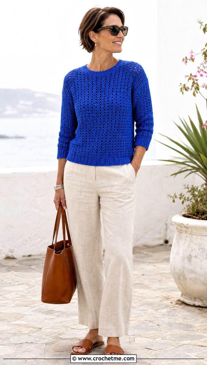 Three Quarter Sleeve Crochet Crewneck Sweater With Linen Pants - 30 crochet crewneck sweater outfit ideas