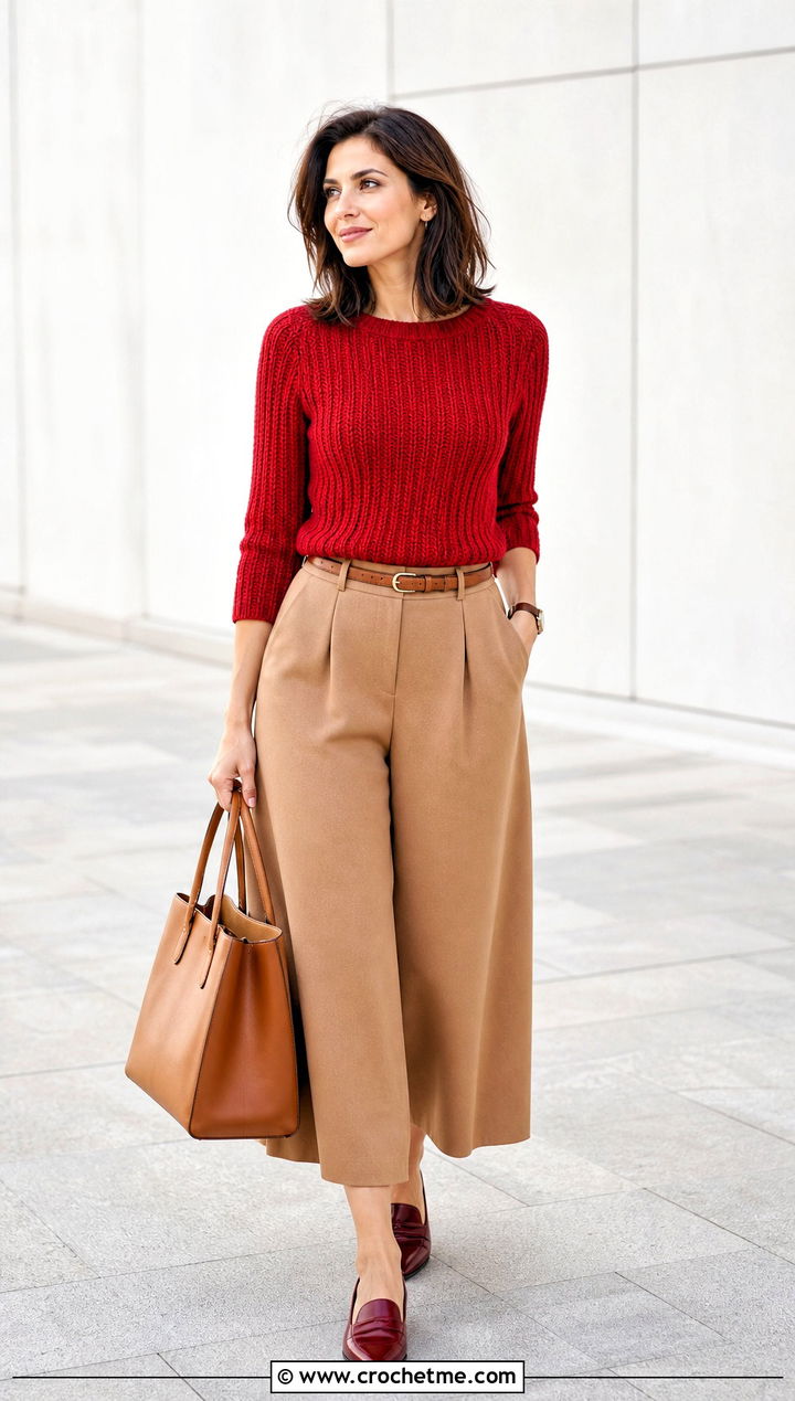 Three Quarter Sleeve Crochet Ribbed Sweater With Culottes - 35 crochet ribbed sweater outfit ideas