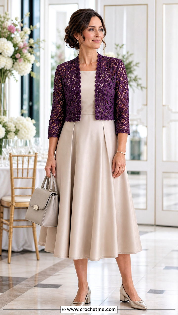 Three Quarter Sleeve Crochet Shrug With Tea Dress - 35 crocheted shrug outfit ideas