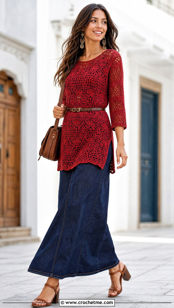 Three Quarter Sleeve Crochet Tunic Top With Denim Maxi Skirt - 35 crochet tops with sleeves outfit ideas