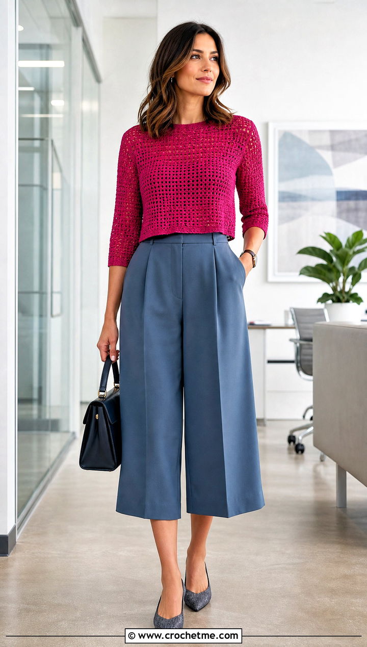 Three Quarter Sleeve Cropped Sweater With Culottes - 30 crocheted cropped sweater outfit ideas