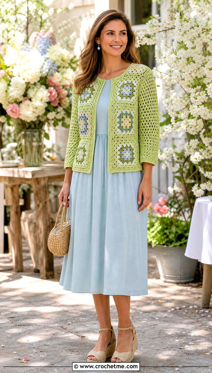 Three Quarter Sleeve Granny Square Cardigan With Tea Dress - 35 granny square crochet cardigan jacket outfit ideas