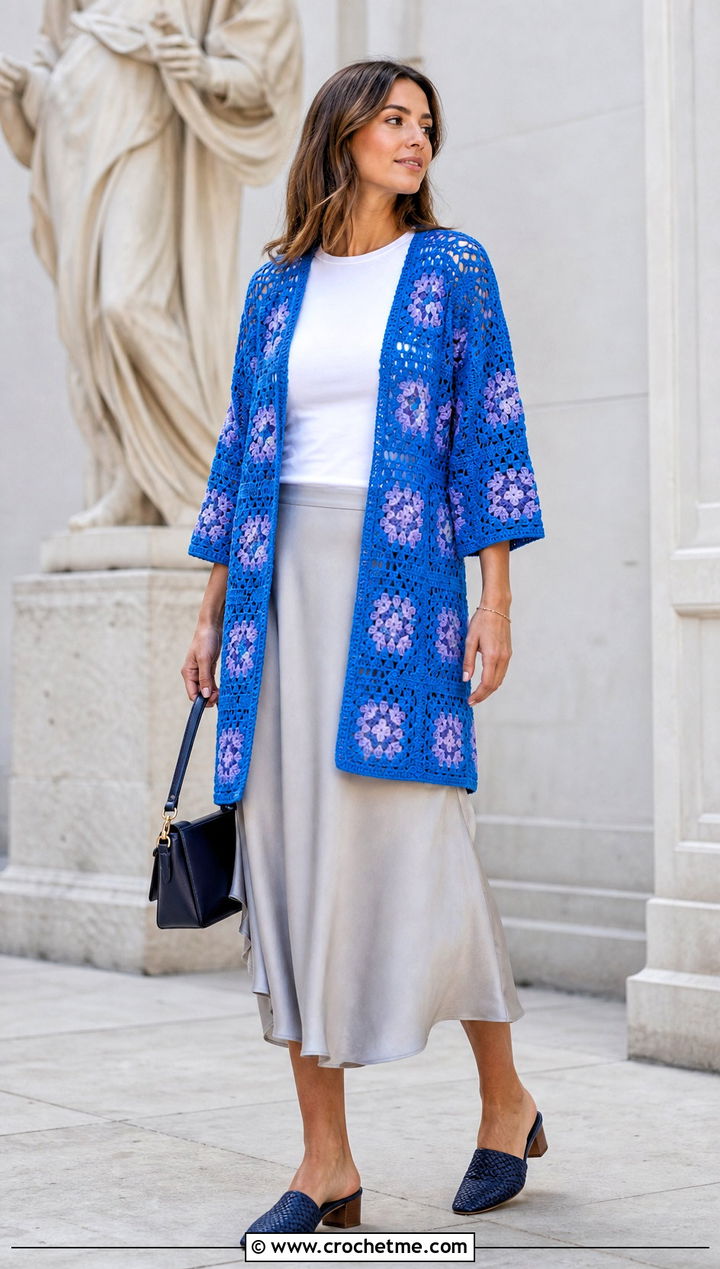 Three Quarter Sleeve Granny Square Kimono With Midi Skirt - 30 granny square kimono outfit ideas
