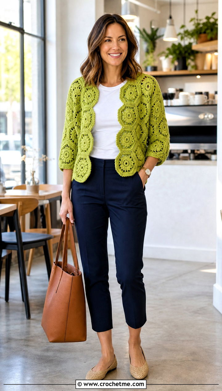 Three Quarter Sleeve Hexagon Granny Square Cardigan With Chinos - 35 hexagon granny square sweater outfit ideas