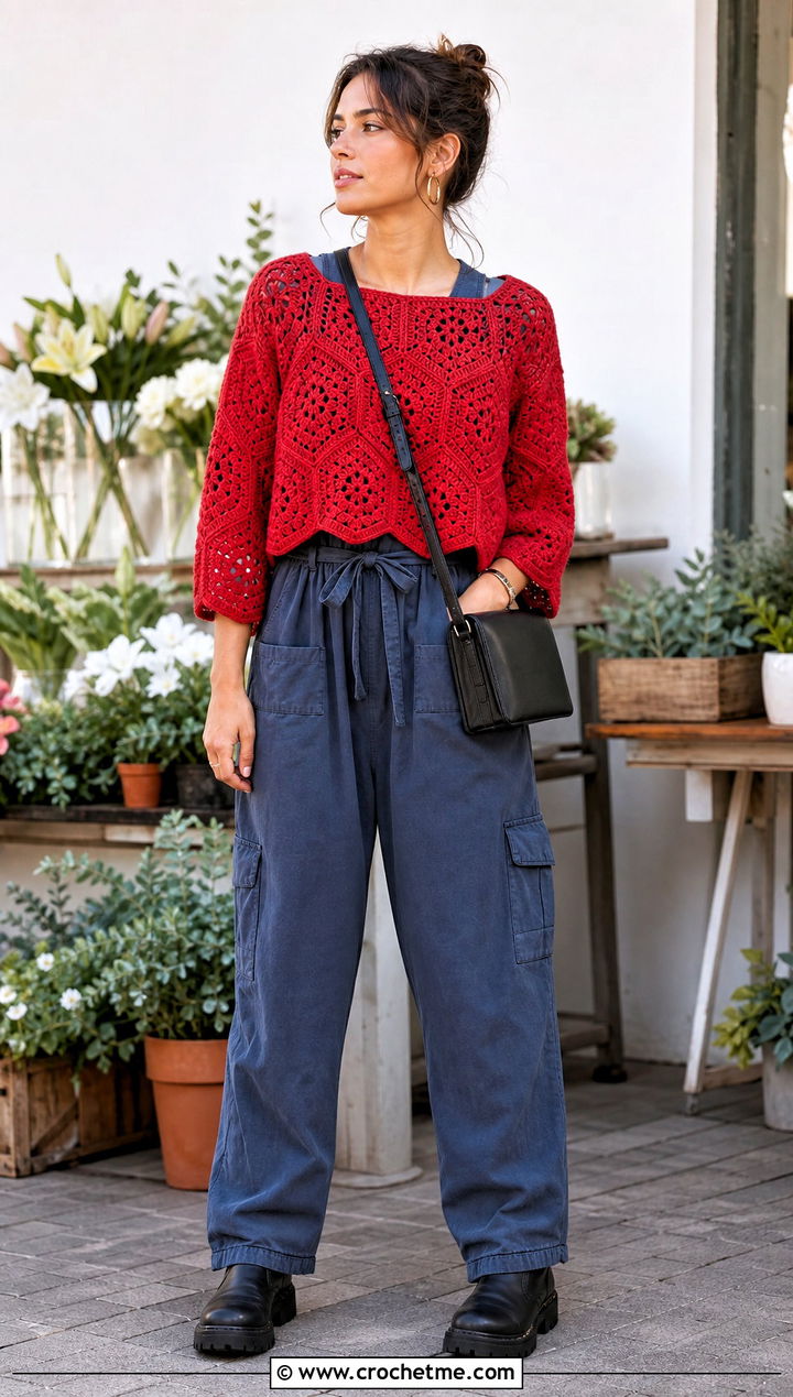 Three Quarter Sleeve Hexagon Granny Square Pullover With Utility Jumpsuit - 25 Hexagon Granny Square Pullover outfit ideas