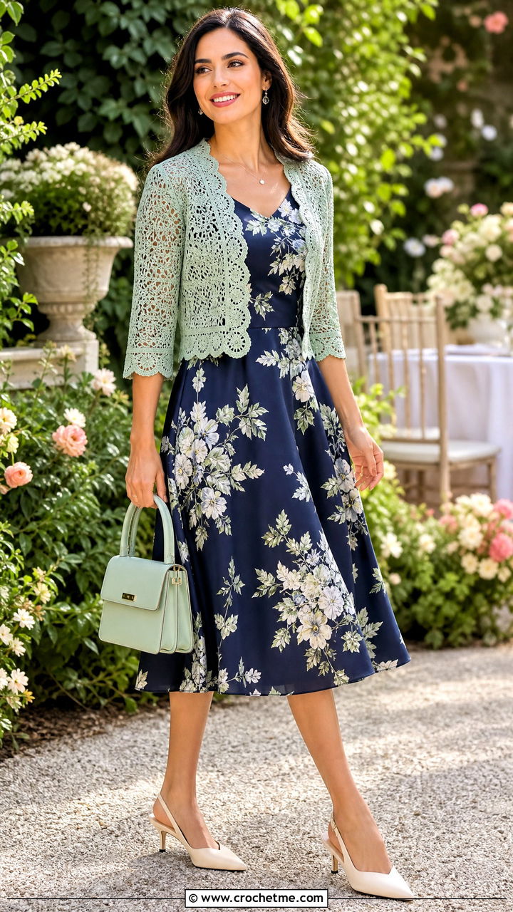 Three Quarter Sleeve Lace Crochet Bolero With Tea Dress - 35 crochet shrug bolero outfit ideas
