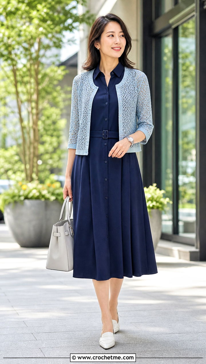 Three Quarter Sleeve Mesh Bolero With Shirt Dress - 25 Crochet Mesh Bolero outfit ideas