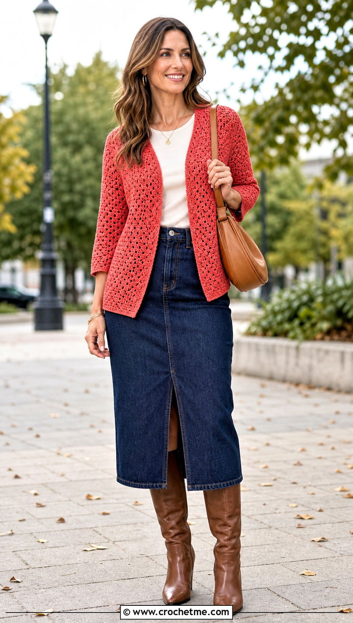 Three Quarter Sleeve Solid Hexagon Cardigan With Denim Midi Skirt - 30 crochet solid hexagon cardigan outfit ideas