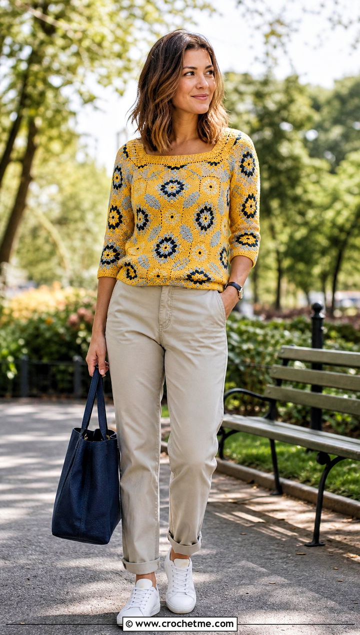 Three Quarter Sleeve Square Jumper With Chino Pants - 30 crochet square jumper outfit ideas