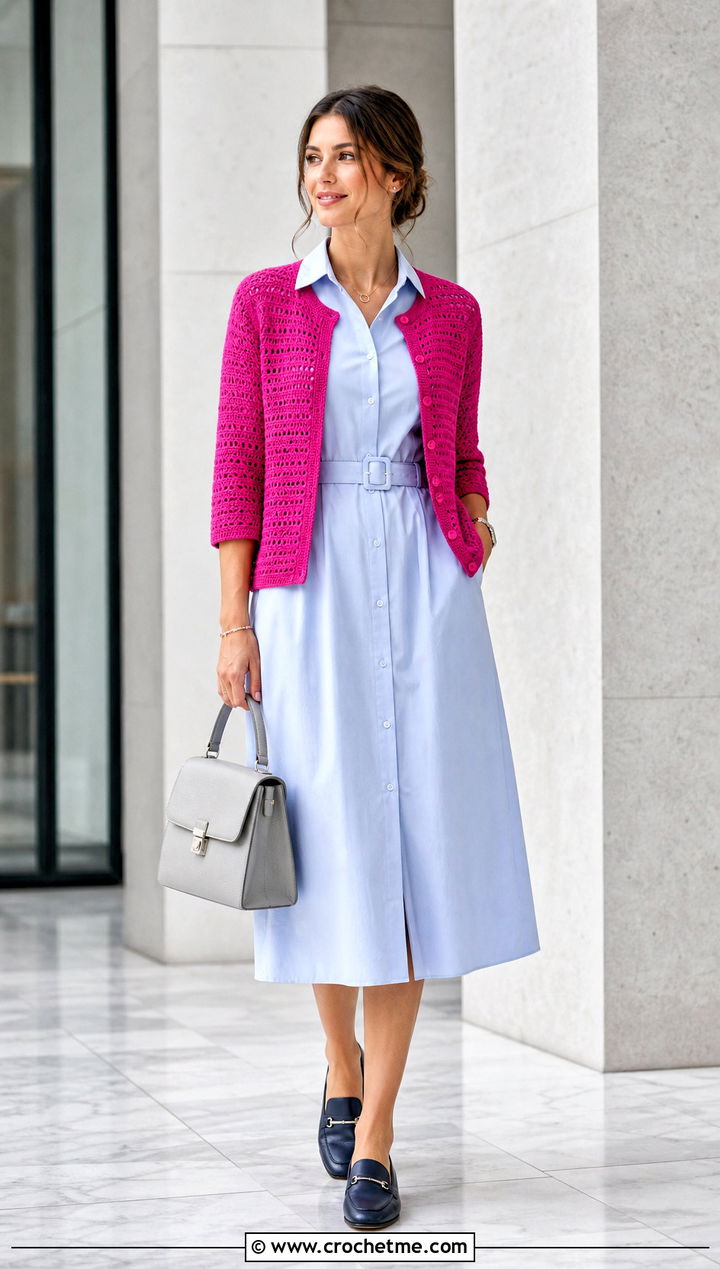 Three Quarter Sleeve Top Down Crochet Raglan Cardigan With Shirt Dress - 25 top down crochet raglan cardigan outfit ideas