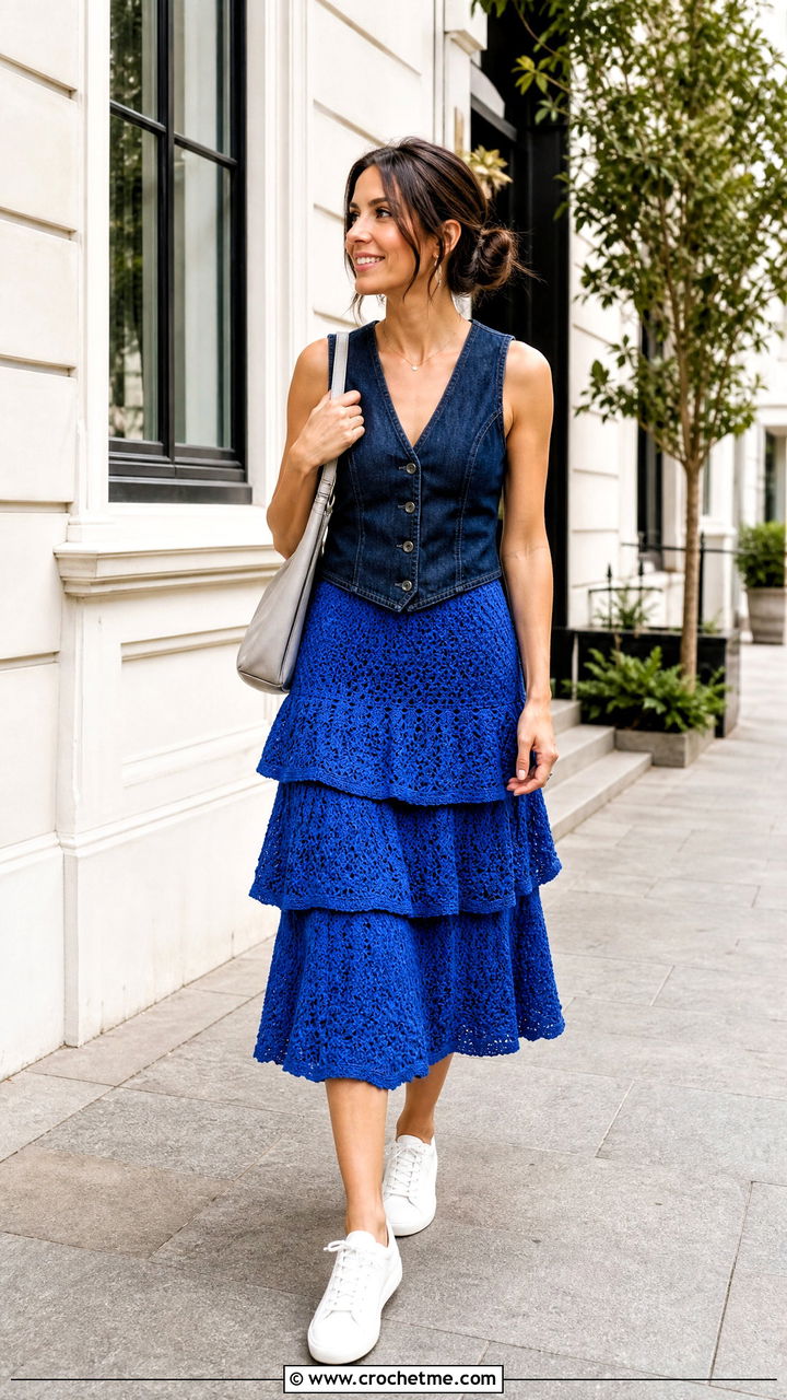 Three Tier Crochet Ruffle Midi Skirt With Denim Vest - 35 crochet ruffle skirt outfit ideas