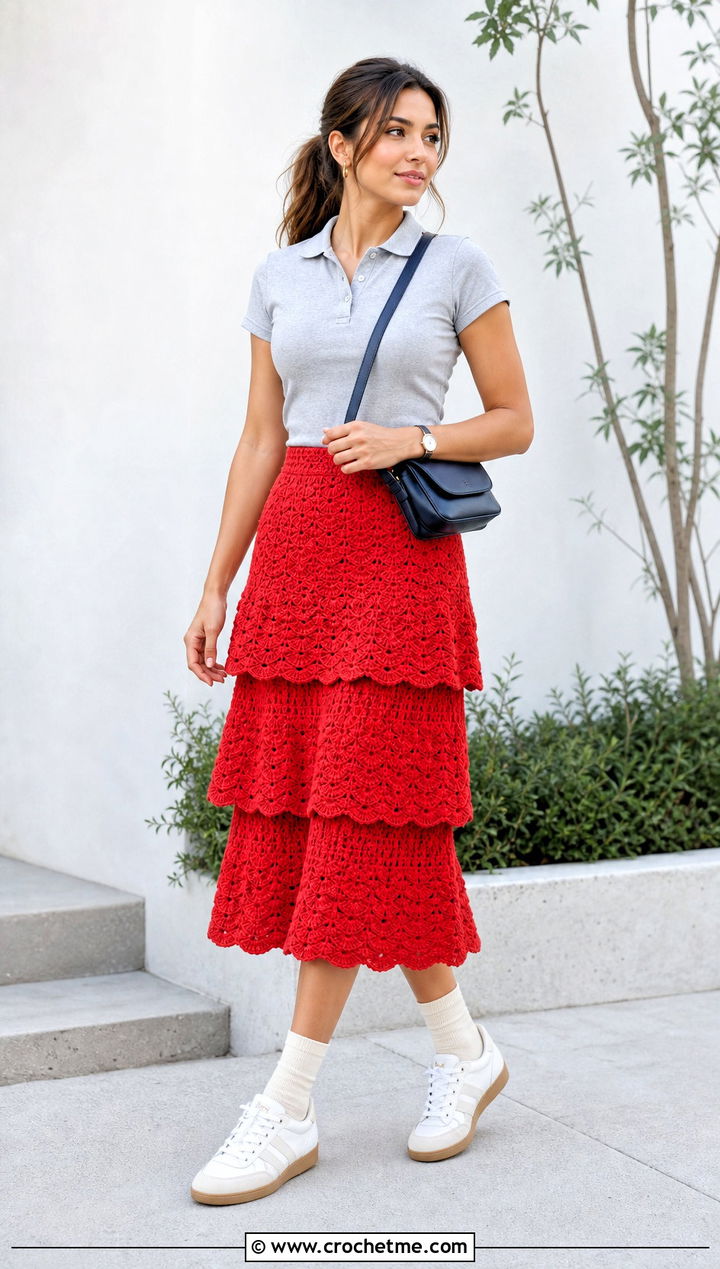 Three Tier Crochet Shell Skirt With Polo Shirt - 35 crochet tiered skirt outfit ideas