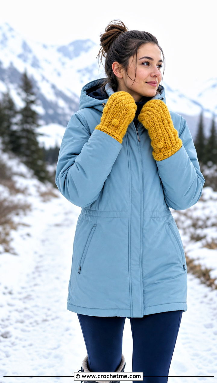Thrummed Bulky Crochet Mittens With Parka And Snow Boots - 15 Bulky Crochet Mittens outfit ideas