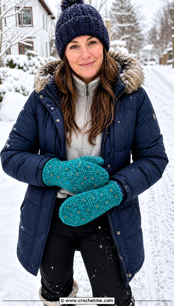 Thrummed Crochet Mittens With Parka And Winter Boots - 25 Easy Crocheted Mittens outfit ideas