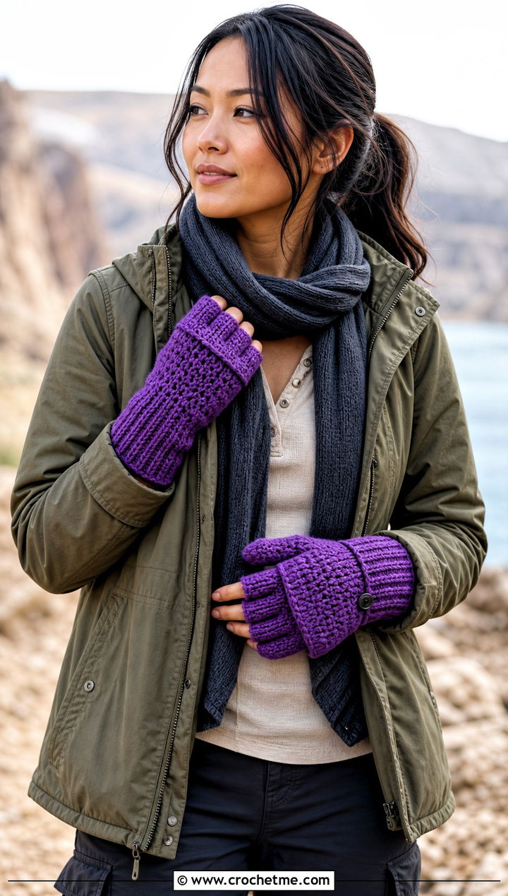 Thumb Flap Convertible Crocheted Mittens With Utility Jacket - 30 Crocheted Mittens outfit ideas