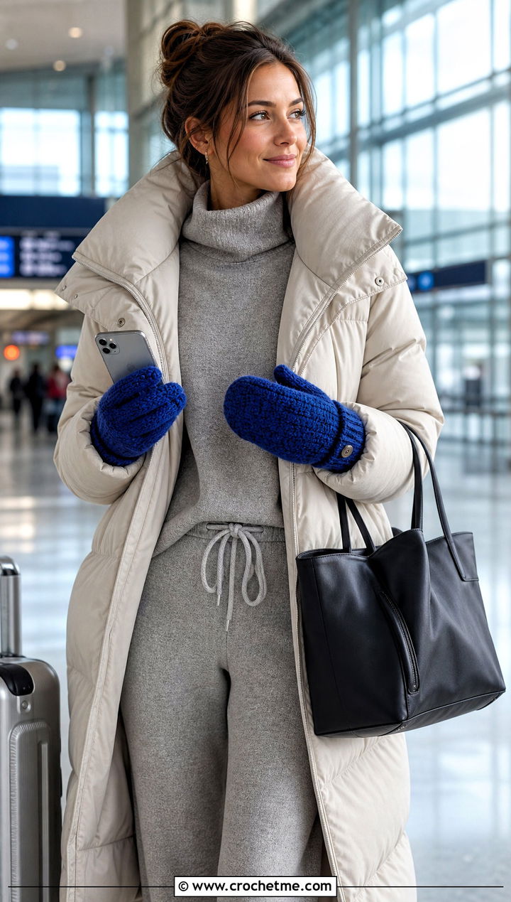 Thumb Flap Crochet Chunky Mittens With Airport Outfit - 30 crochet chunky mittens outfit ideas