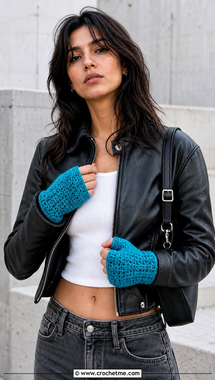 Thumb Gusset Crochet Fingerless Mitts With Leather Jacket - 25 Crochet Fingerless Mitts outfit ideas