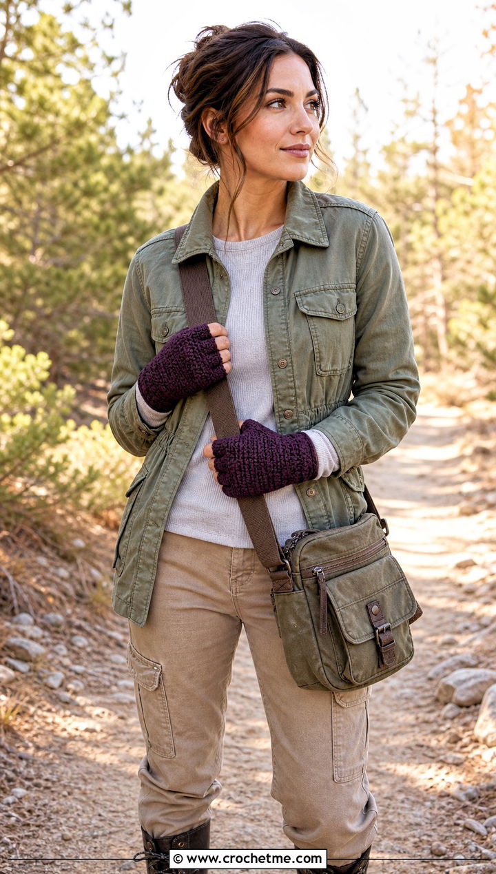 Thumb Gusset Crochet Texting Gloves With Utility Jacket - 15 Crochet Texting Gloves outfit ideas