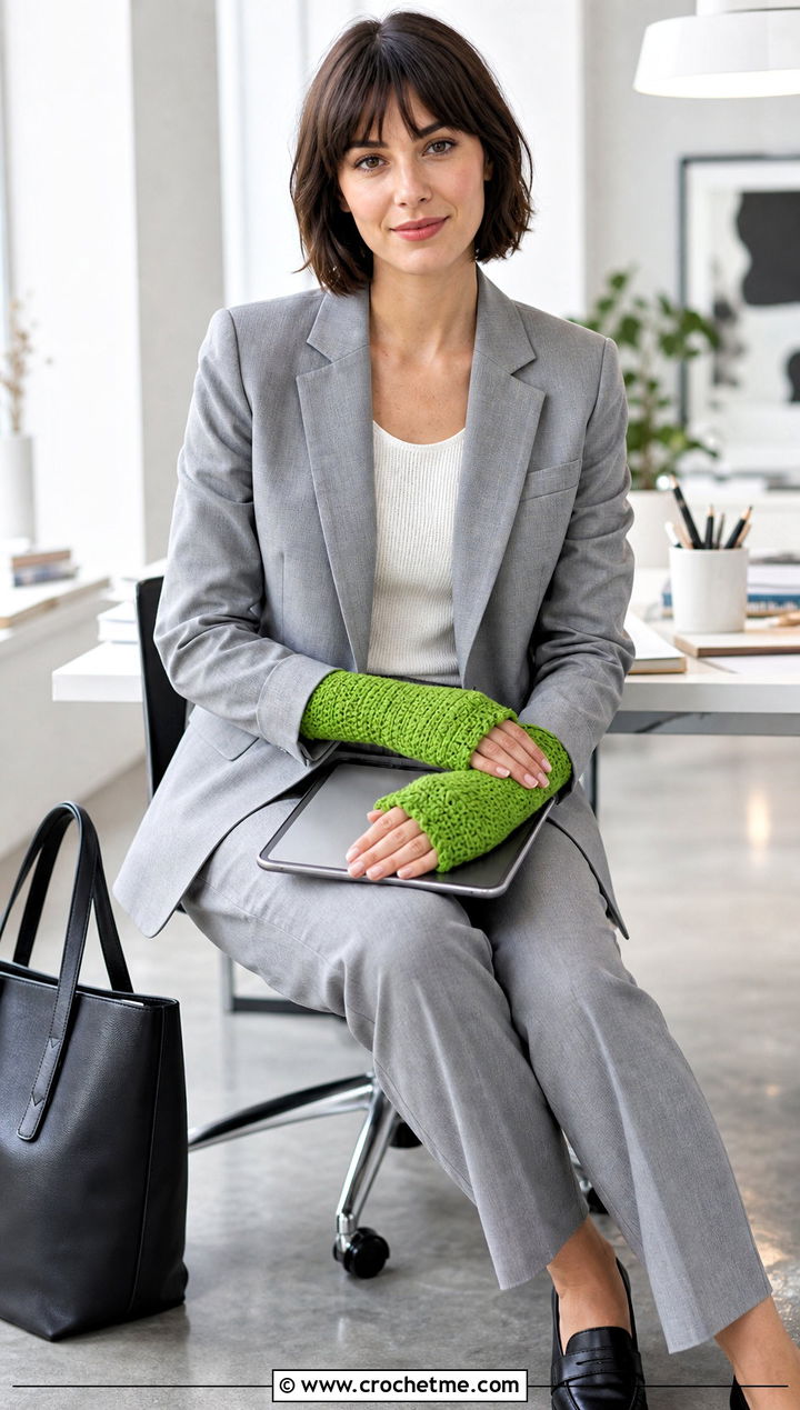 Thumb Gusset Hand Warmers With Office Suit - 30 easy crochet hand warmers outfit ideas