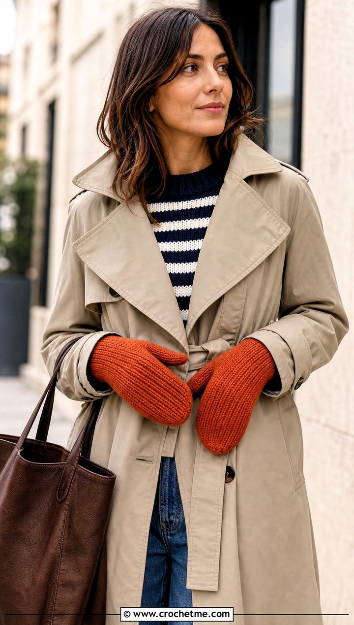 Thumb Gusset Ribbed Mittens With Trench Coat - 15 Crochet Ribbed Mittens outfit ideas