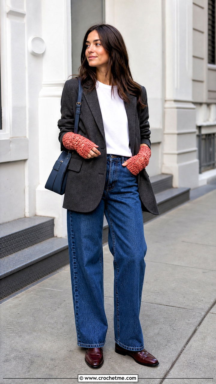 Thumb Hole Crochet Arm Warmers With Blazer And Jeans - 35 crochet arm warmers outfit ideas