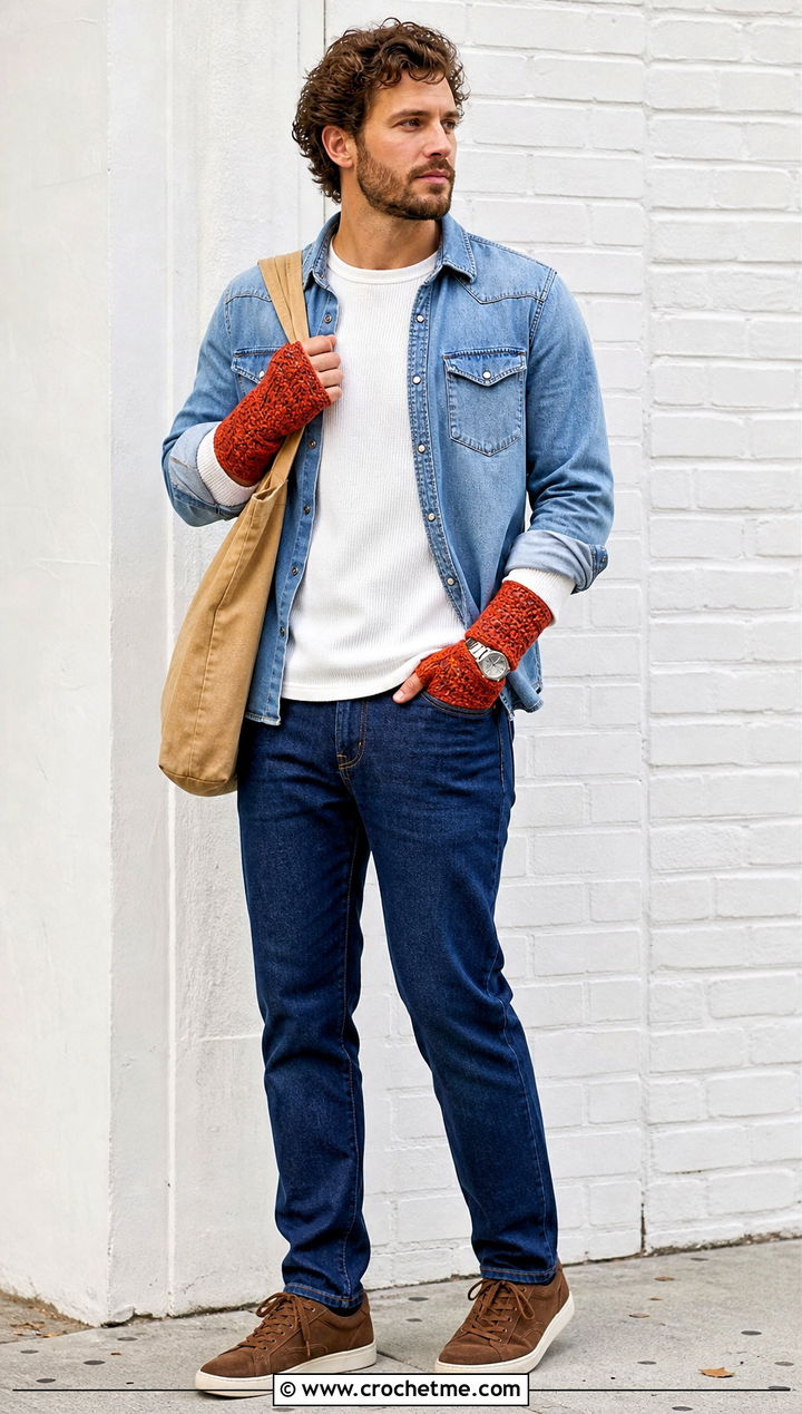 Thumb Hole Crochet Mitts With Denim Shirt - 35 men crochet gloves outfit ideas