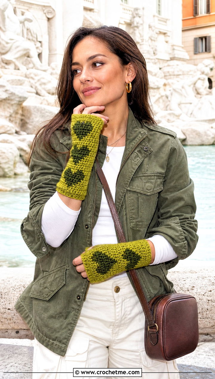 Thumb Hole Heart Hand Warmers With Utility Jacket - 15 Heart Crochet Gloves outfit ideas