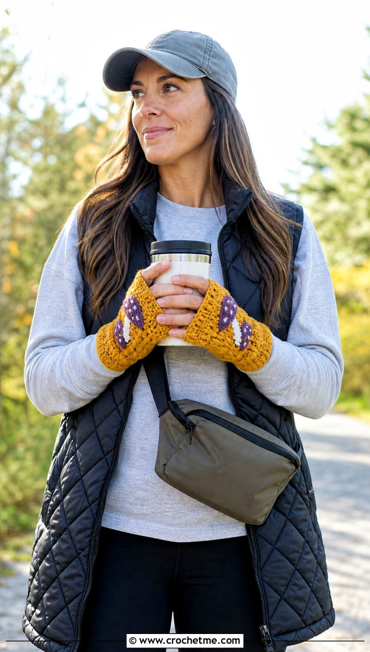 Thumb Hole Mushroom Gloves With Athleisure Set - 20 Crochet Mushroom Gloves outfit ideas