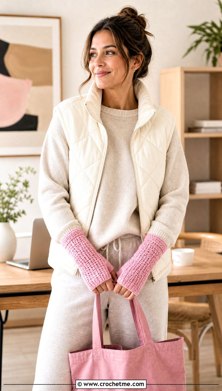 Thumb Hole Tunisian Crochet Wrist Warmers With Lounge Set - 15 Tunisian Crochet Wrist Warmers outfit ideas