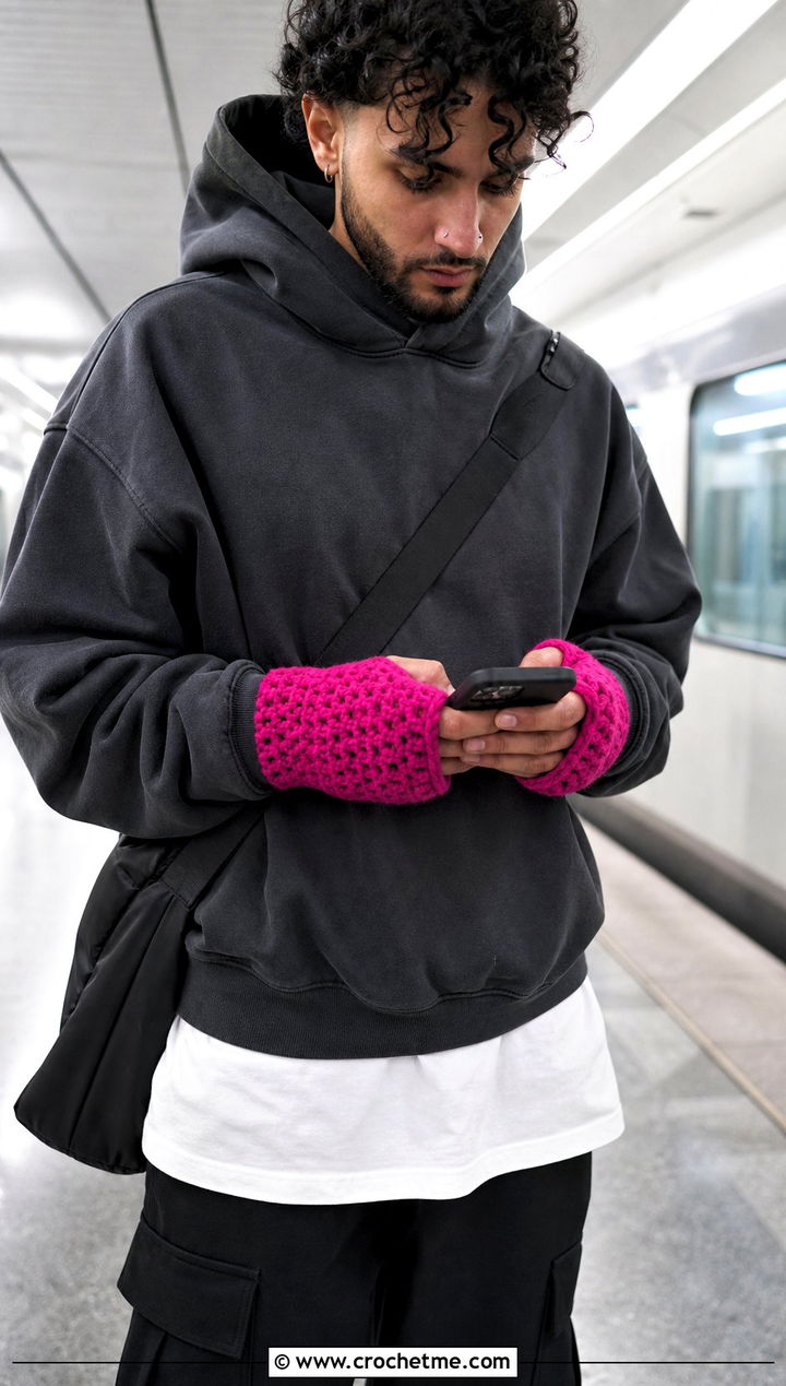 Thumb Hole Wrist Warmers With Hoodie - 25 Crochet Mens Fingerless Gloves outfit ideas
