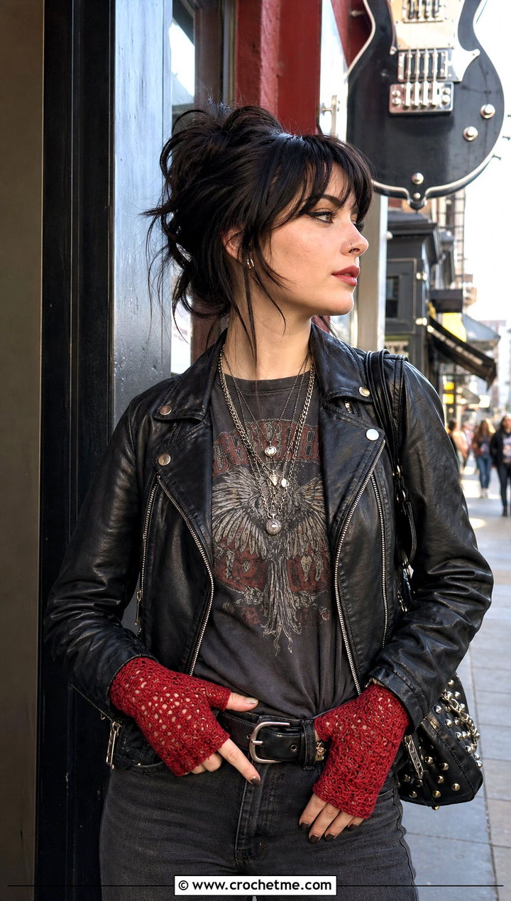 Thumb Loop Crochet Gloves With Moto Jacket And Graphic Tee - 30 crocheted fingerless gloves outfit ideas