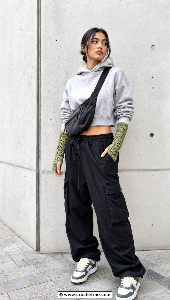 Thumbhole Crochet Hand Warmers With Hoodie And Cargo Pants - 35 crochet hand warmer outfit ideas