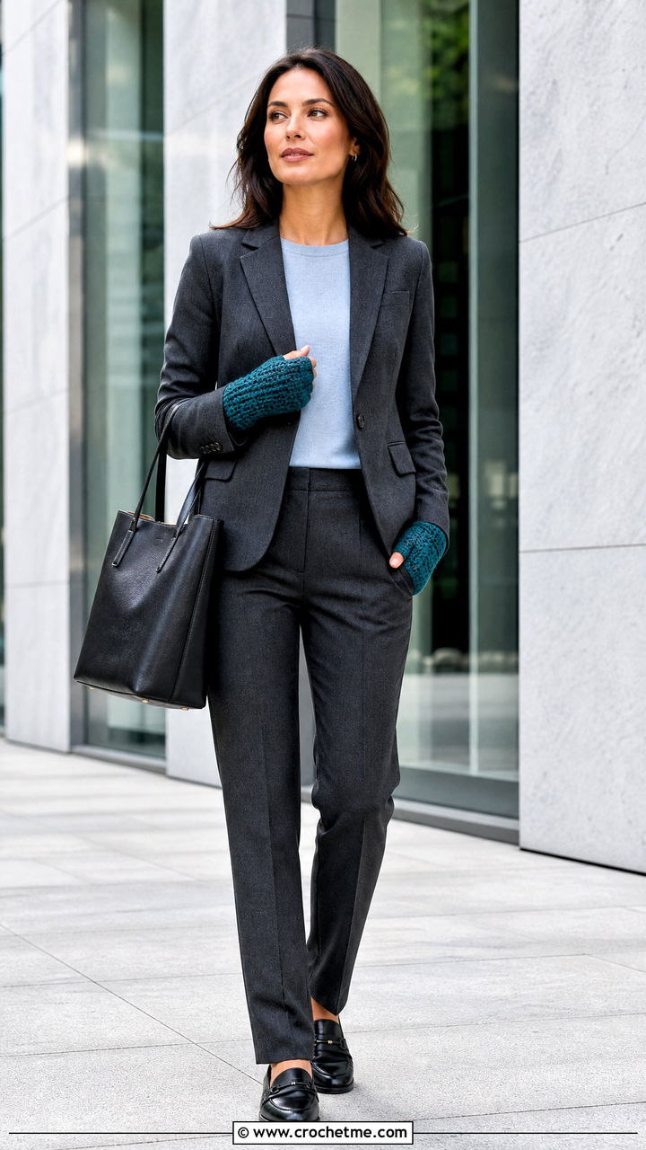 Thumbhole Crochet Handwarmers With Blazer And Trousers - 35 Crochet Handwarmer outfit ideas