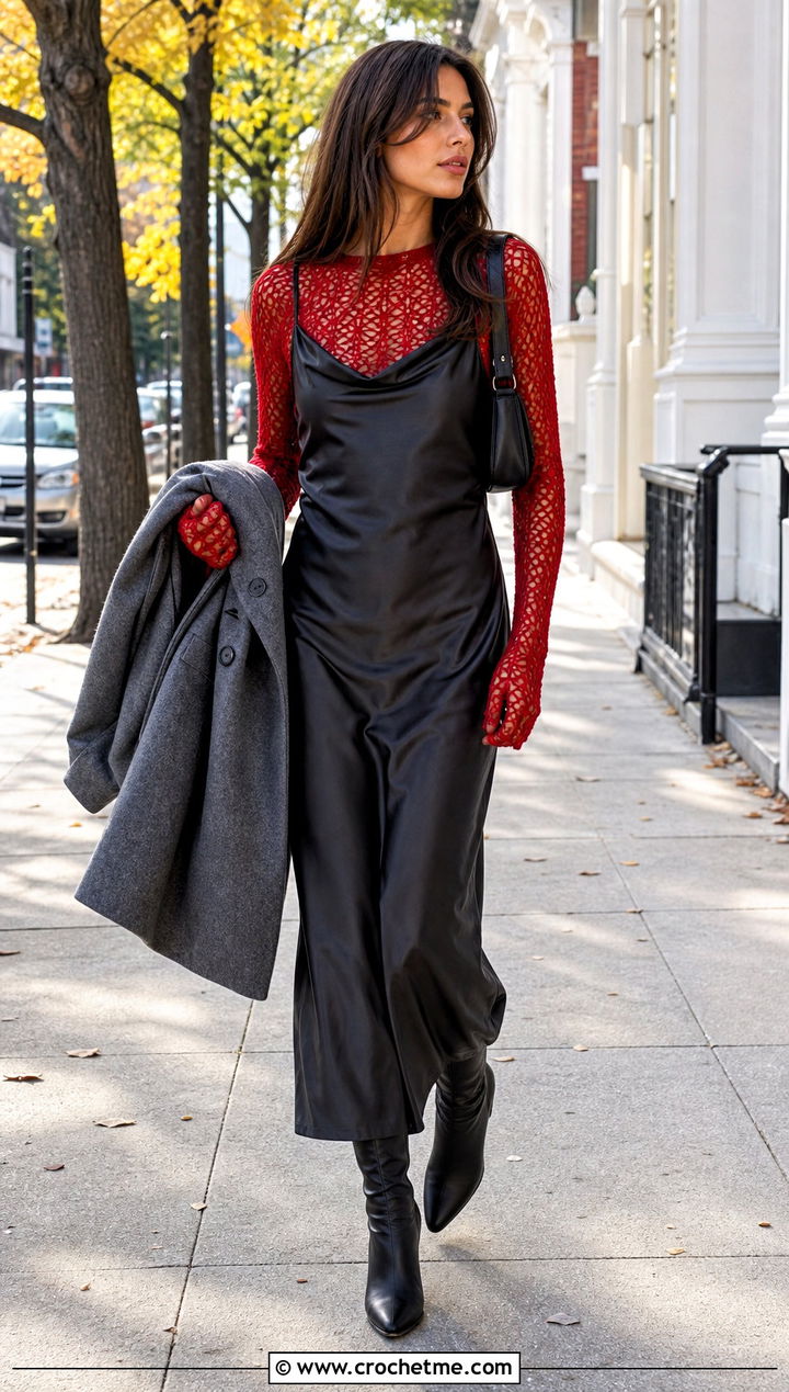 Thumbhole Crochet Mesh Top Under A Slip Dress - 30 long sleeve crochet mesh top outfit ideas