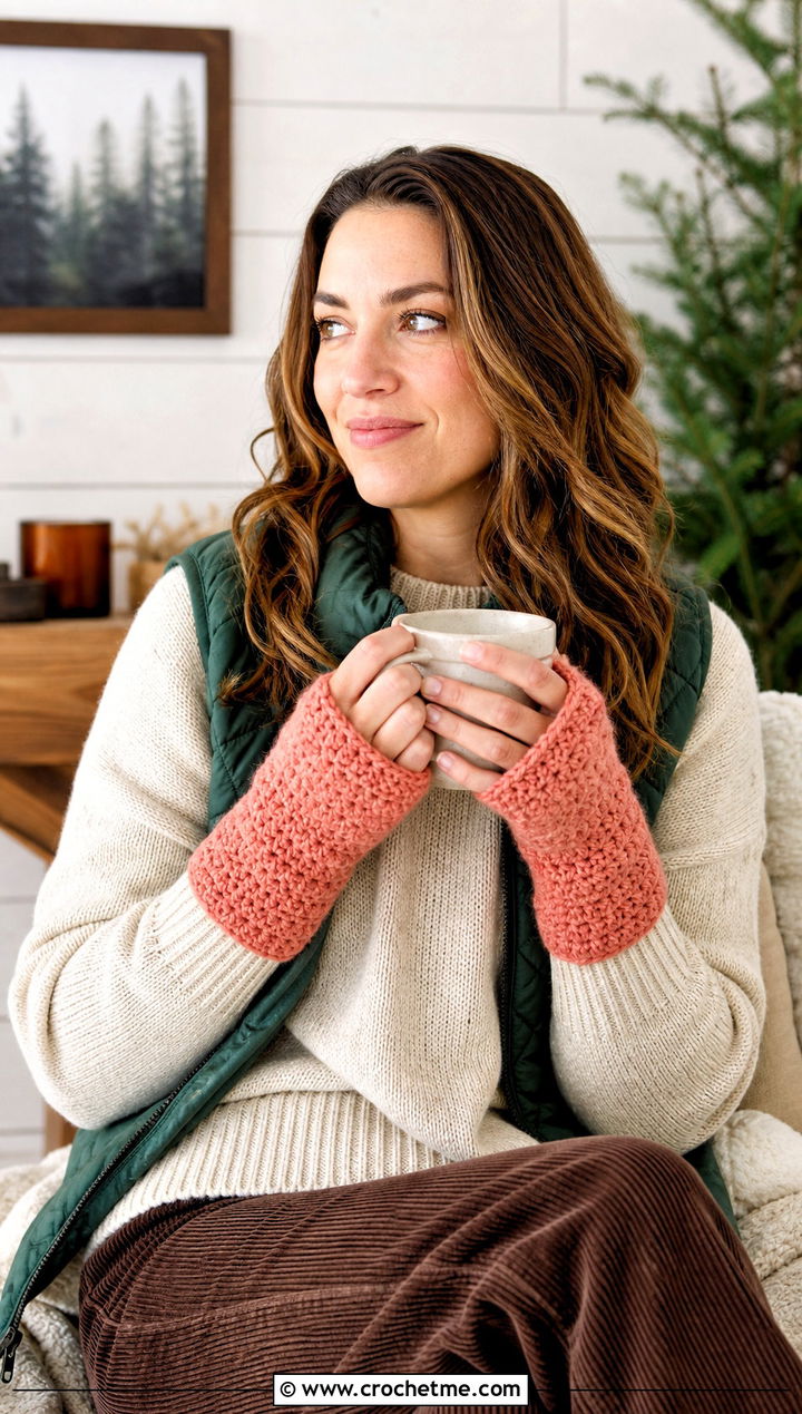 Thumbhole Crochet Wrist Warmers With Corduroy Pants - 15 crochet finger gloves outfit ideas