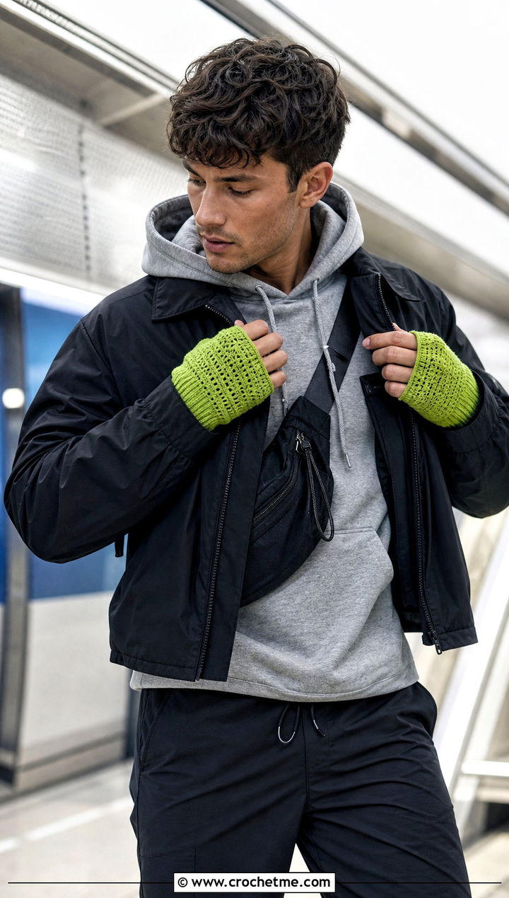 Thumbhole Crochet Wrist Warmers With Hoodie - 25 Crochet Mens Gloves outfit ideas