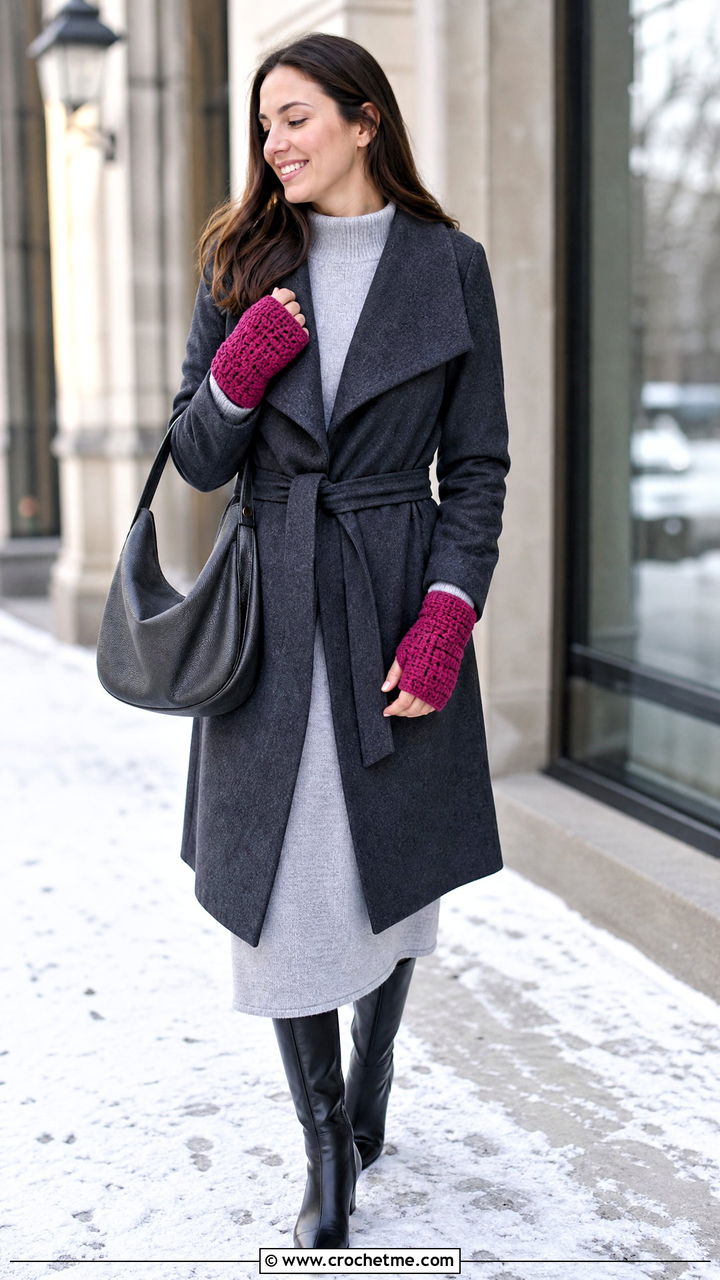 Thumbhole Crochet Wrist Warmers With Sweater Dress - 35 crochet hand gloves outfit ideas