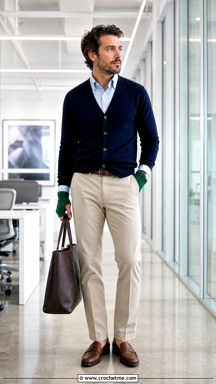 Thumbhole Crochet Wristlets With Office Cardigan - 35 crochet gloves for men outfit ideas