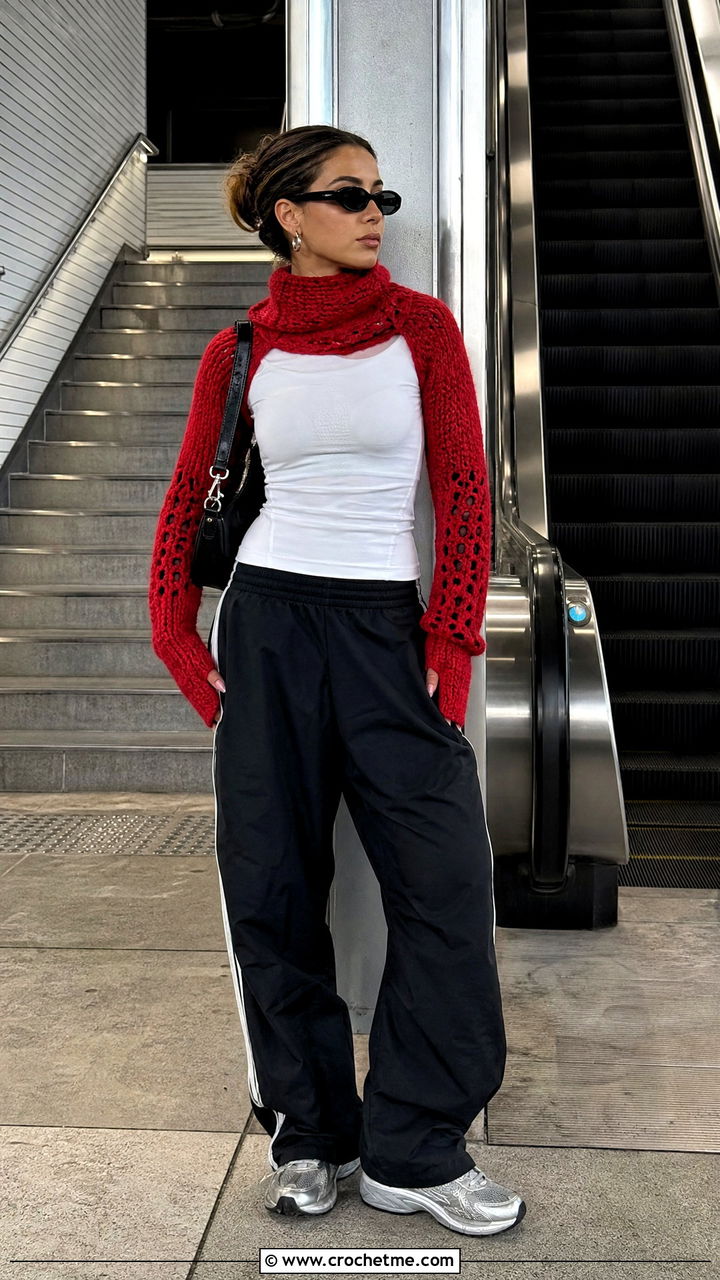 Thumbhole Cuff Crochet Sweater Scarf With Track Pants - 35 crochet sweater scarf outfit ideas