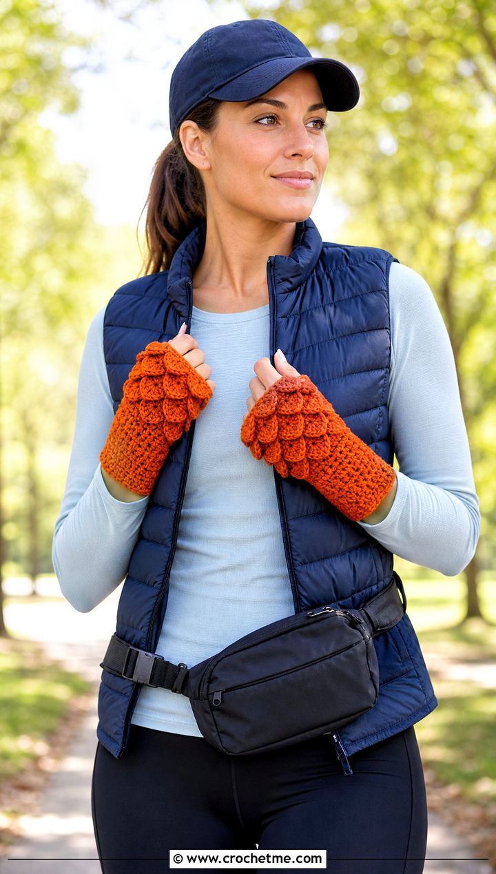 Thumbhole Dragon Scale Hand Warmers With Puffer Vest - 30 dragon scale crochet gloves outfit ideas