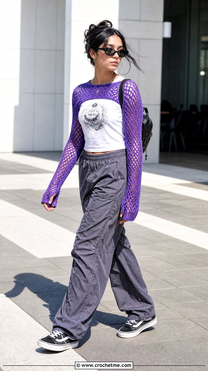 Thumbhole Fishnet Shrug With Graphic Tee And Parachute Pants - 35 crochet fishnet shrug outfit ideas