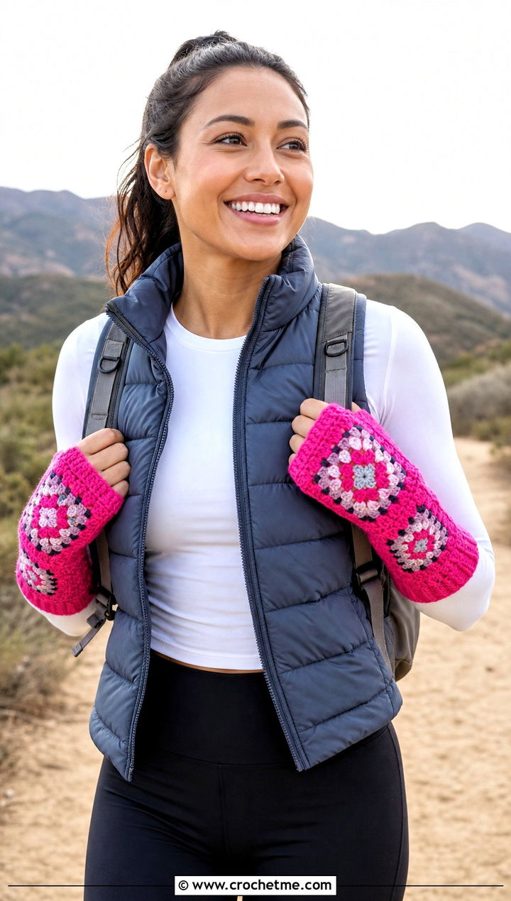 Thumbhole Granny Square Arm Warmers With Puffer Vest And Leggings - 25 Granny Square Arm Warmers outfit ideas