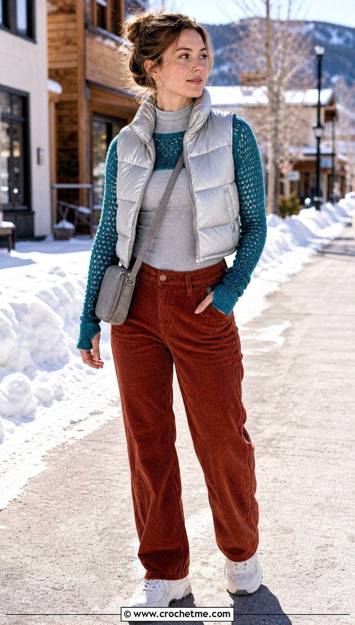 Thumbhole Mesh Bolero With Puffer Vest And Corduroy Pants - 25 Crochet Mesh Bolero outfit ideas