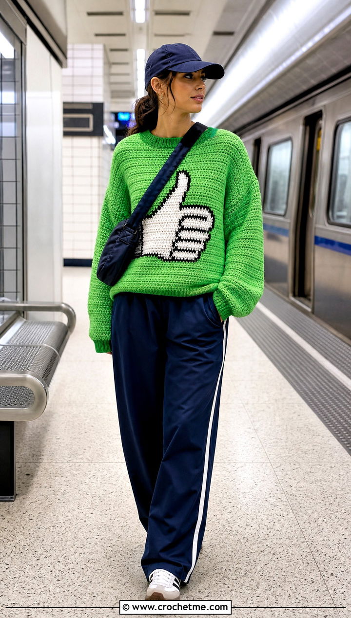 Thumbs Up Crochet Mabel Sweater With Track Pants - 35 crochet mabel sweater outfit ideas