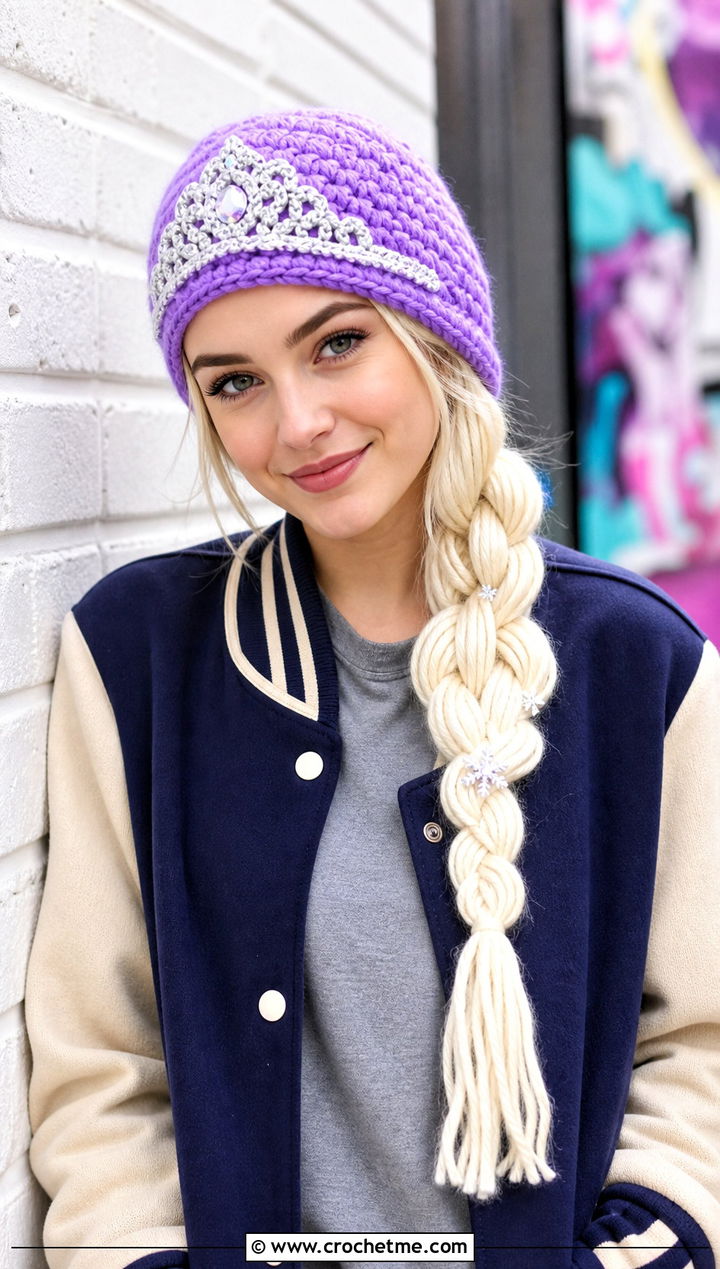 Tiara Elsa Hat With Varsity Jacket - 15 Crocheted Elsa Hat outfit ideas