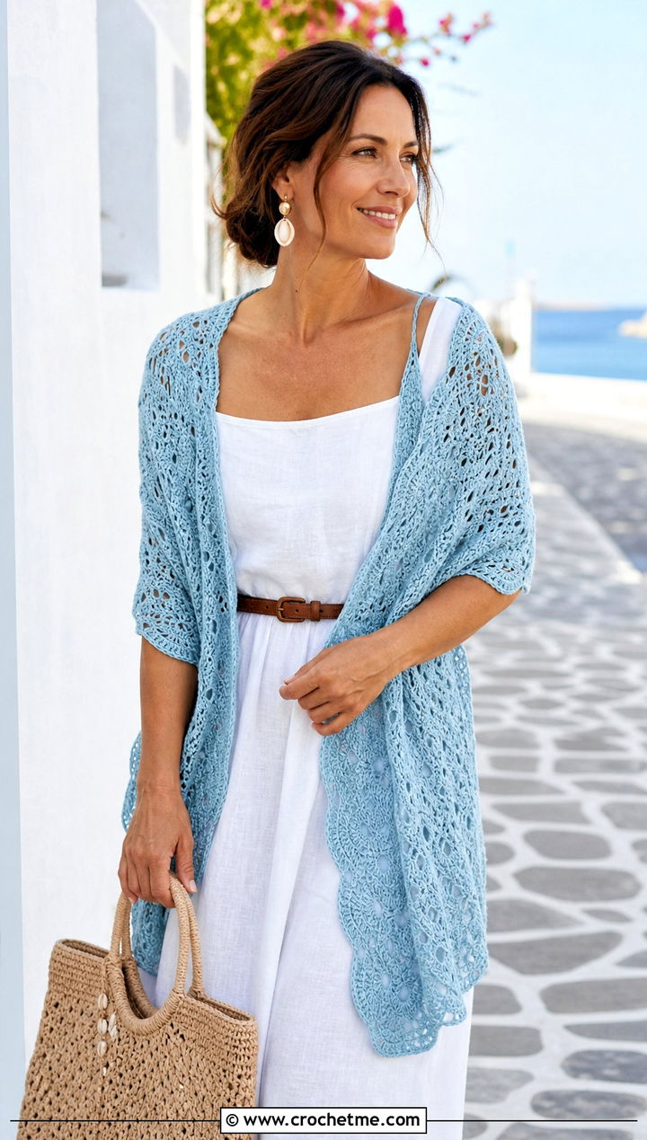 Tidal Whisper Shawl With Linen Dress And Flat Sandals - 15 kristin omdahl crochet shawl outfit ideas