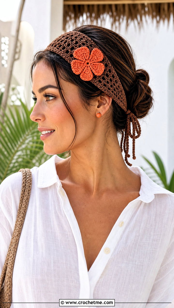 Tie Back Brown Crochet Flower Headband With Linen Set - 15 brown crochet headband with flower outfit ideas