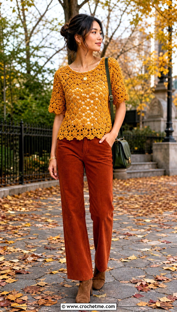 Tie Back Buttercup Crochet Top With Corduroy Trousers - 25 Buttercup Crochet Top outfit ideas