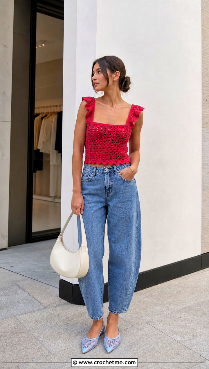 Tie Back Buttercup Top With Barrel Jeans - 25 Buttercup Crochet Top outfit ideas