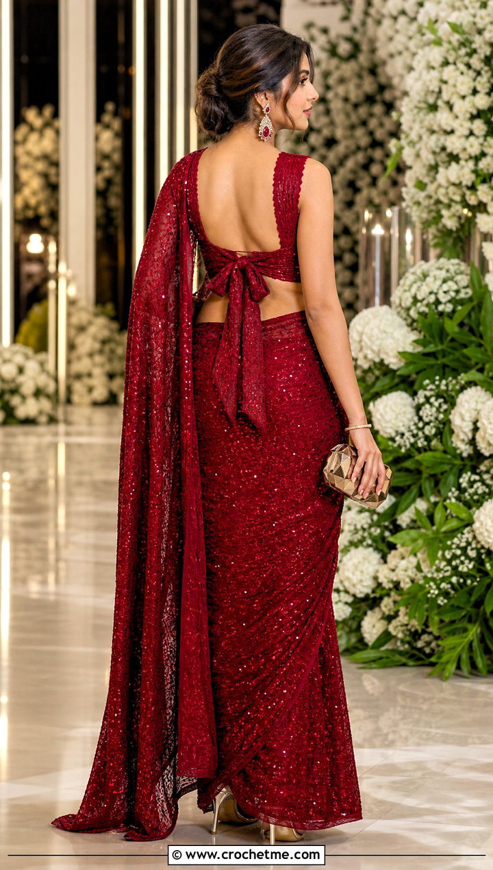 Tie Back Crochet Blouse With Sequin Saree - 35 Crochet Blouse For Saree outfit ideas